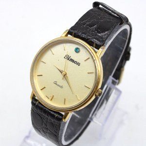 Vintage SIMON Watch Womens Gold Tone Stainless Steel Classic Black Leather Band